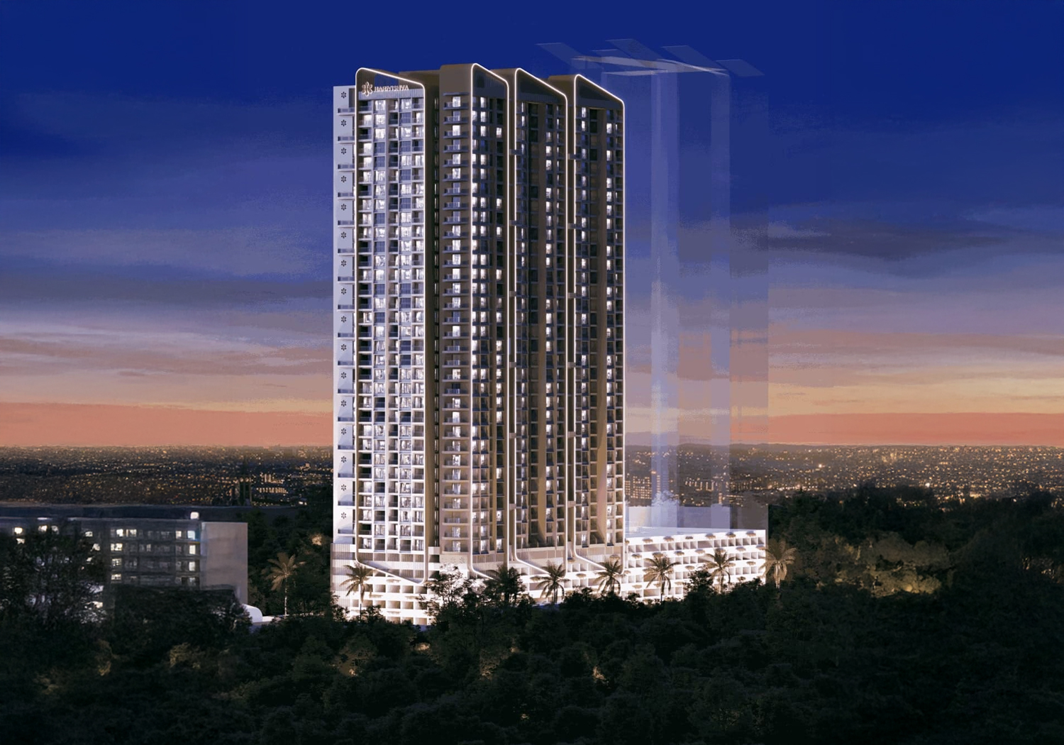 Exterior view of Harivishva Skyfinia &mdash; photo gallery, images, brochure, amenities, cost sheet, price breakup, availability details, RERA number, RERA certificate, possession date, layout plan, logo, floor plan, master plan, and location map showcasing project highlights and features.