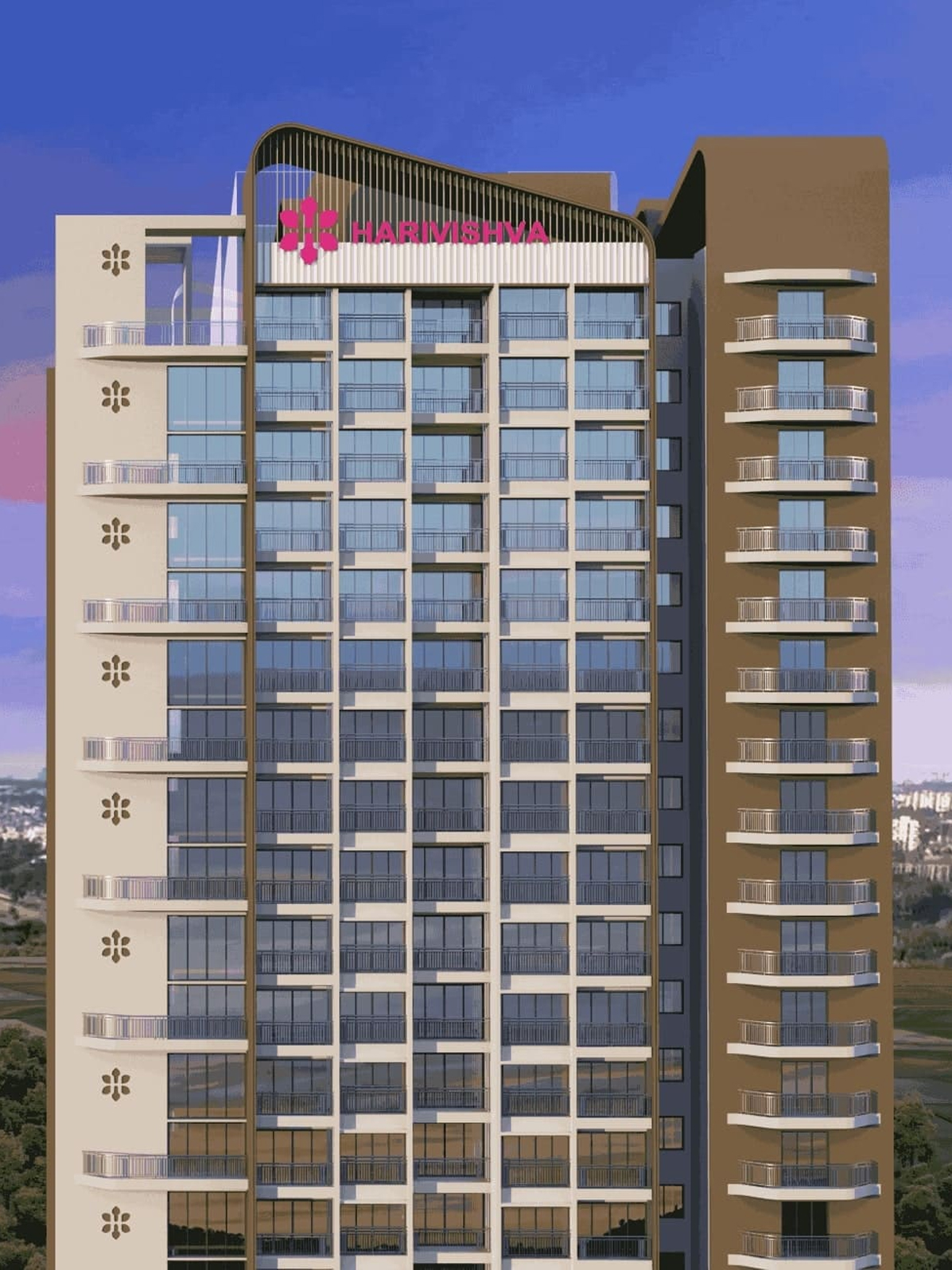 Exterior view of Harivishva Skyfinia &mdash; photo gallery, images, brochure, amenities, cost sheet, price breakup, availability details, RERA number, RERA certificate, possession date, layout plan, logo, floor plan, master plan, and location map showcasing project highlights and features.